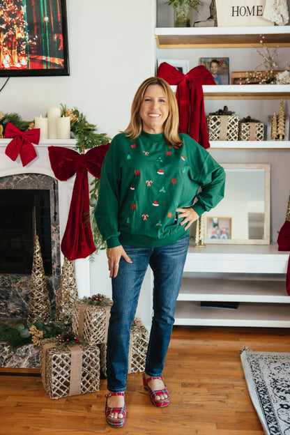 All Things Christmas Pullover by Grace + Emma, mock-neck sweatshirt with all-over embroidered holiday icons