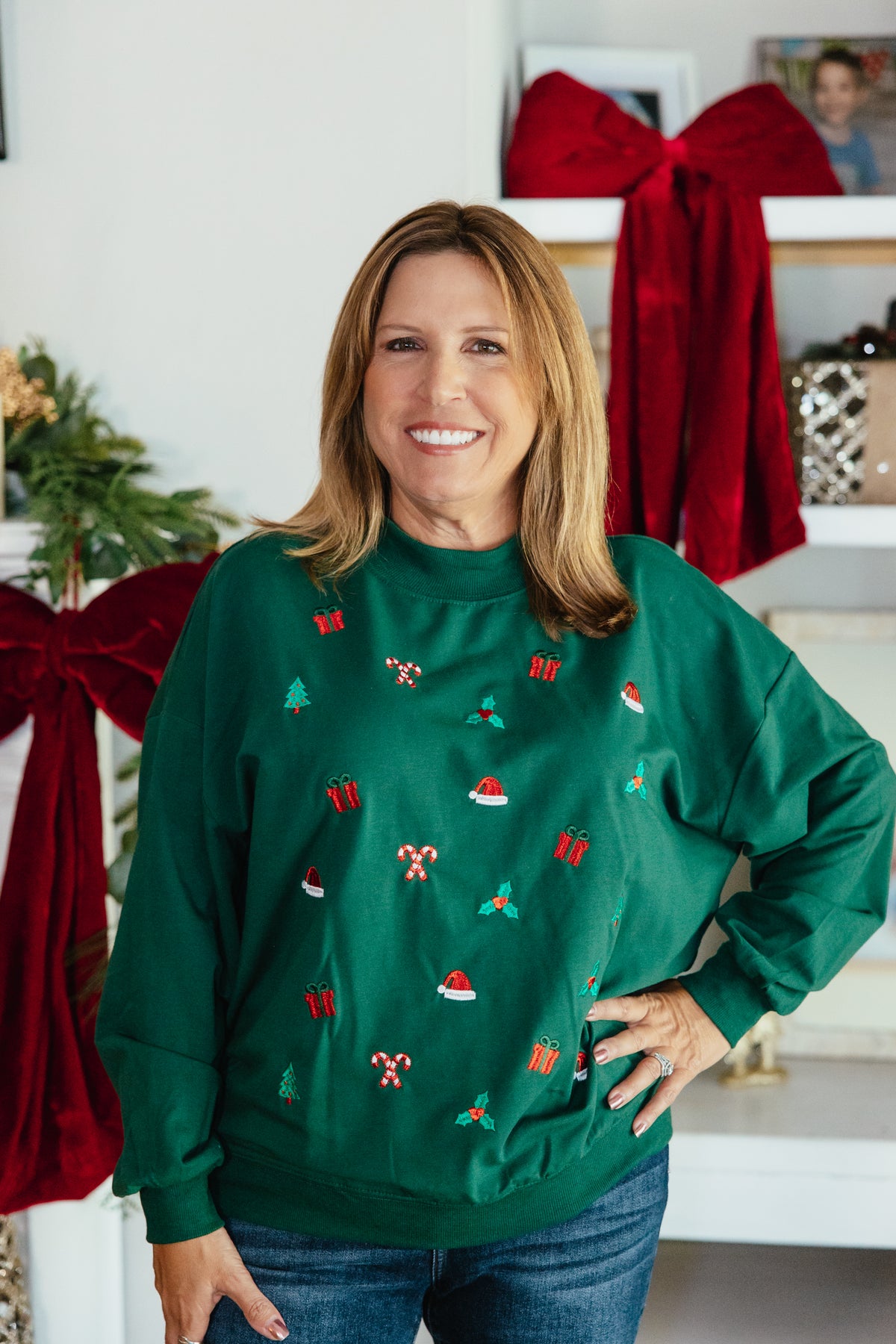 All Things Christmas Pullover by Grace + Emma, mock-neck sweatshirt with all-over embroidered holiday icons