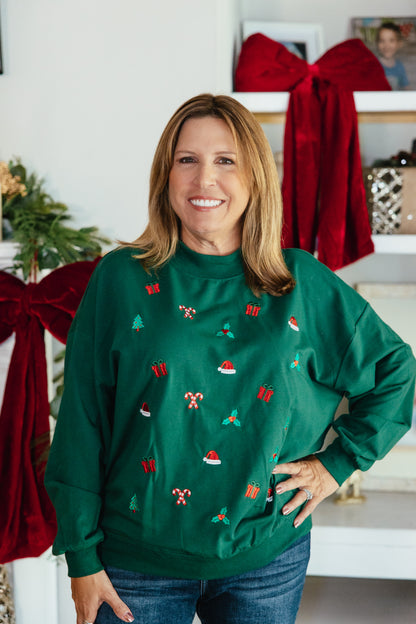 All Things Christmas Pullover by Grace + Emma, mock-neck sweatshirt with all-over embroidered holiday icons