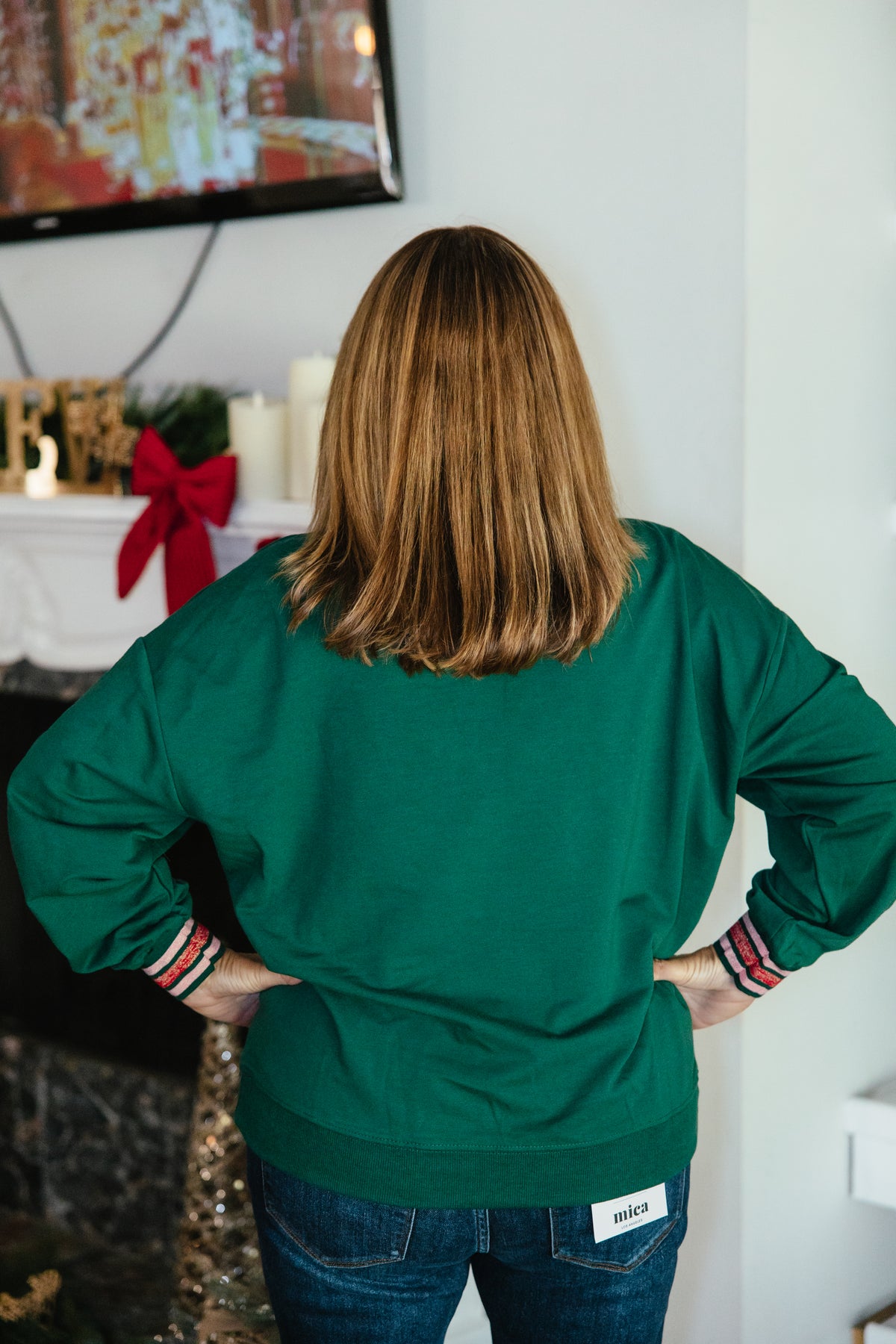 Jolly & Bright Pullover by Grace + Emma, forest green sweatshirt with a pink chenille Jolly patch