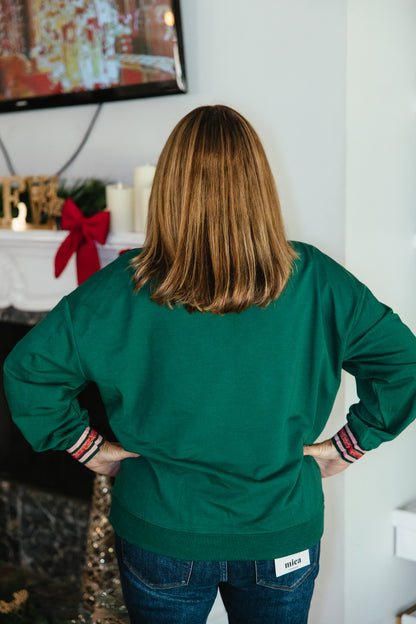 Jolly & Bright Pullover by Grace + Emma, forest green sweatshirt with a pink chenille Jolly patch