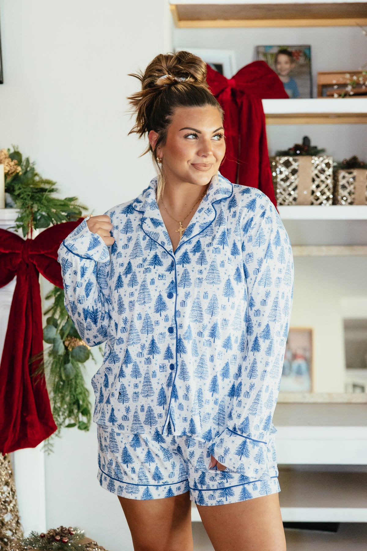 Under The Tree Lounge Set by Grace + Emma, blue and white Christmas tree print pajama top and shorts