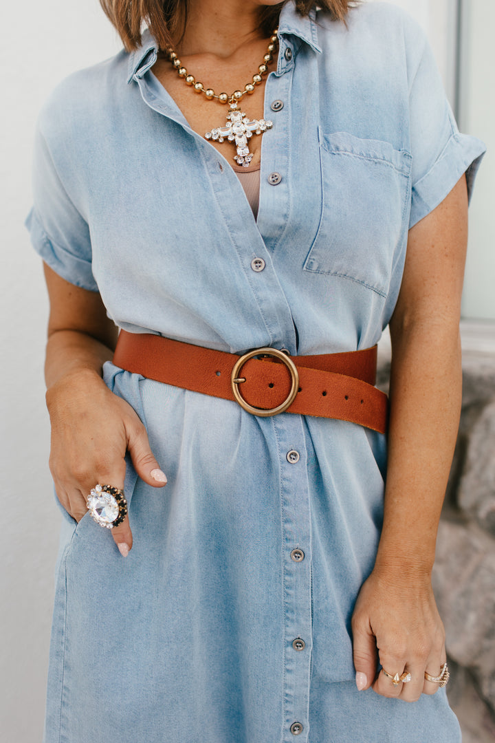 Wide Copper-tone Circle Buckle Belt In Tan