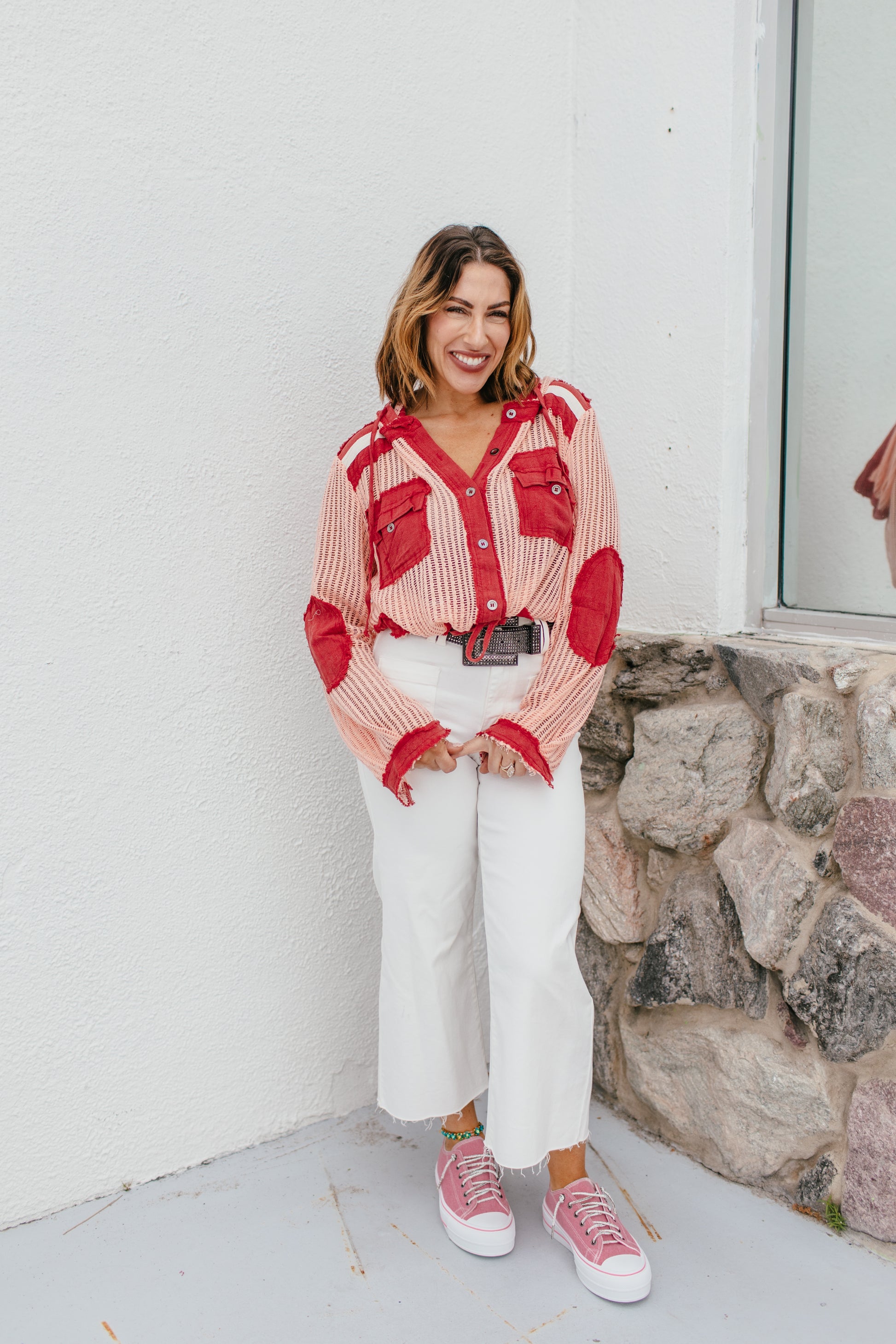 Open Knit Conversation Top In Blush Red Multi