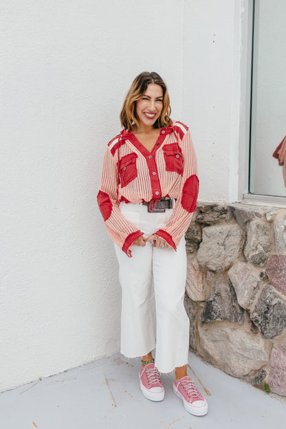 Open Knit Conversation Top In Blush Red Multi