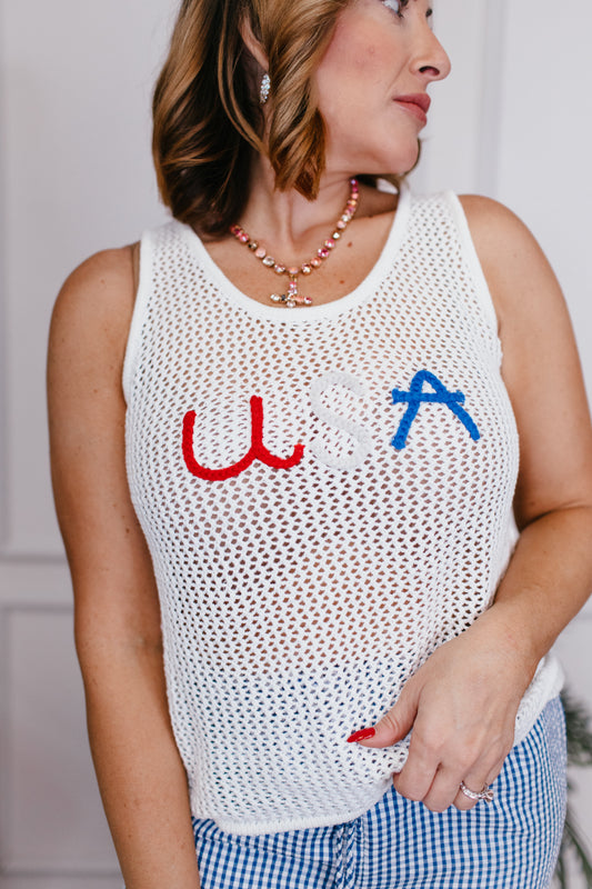 Red, White, & Woven Tank Top