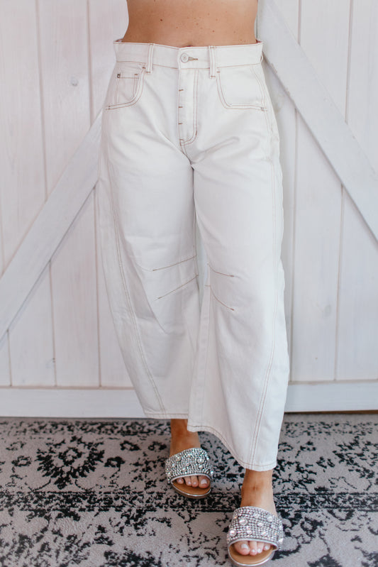 Cream Crush Barrel Leg Jeans
