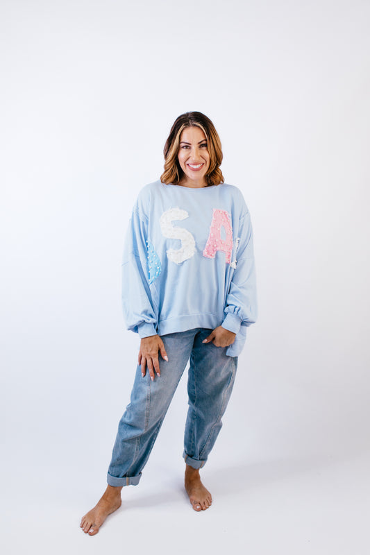 USA Patches and Pearls Top in Blue