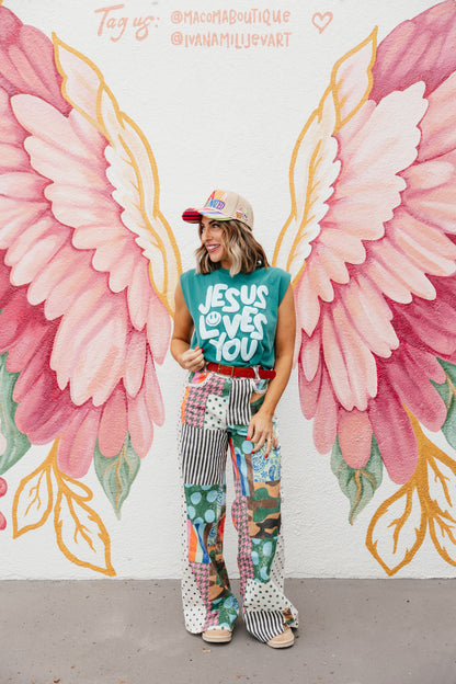 Smiley Jesus Loves You Puff Tank In Teal