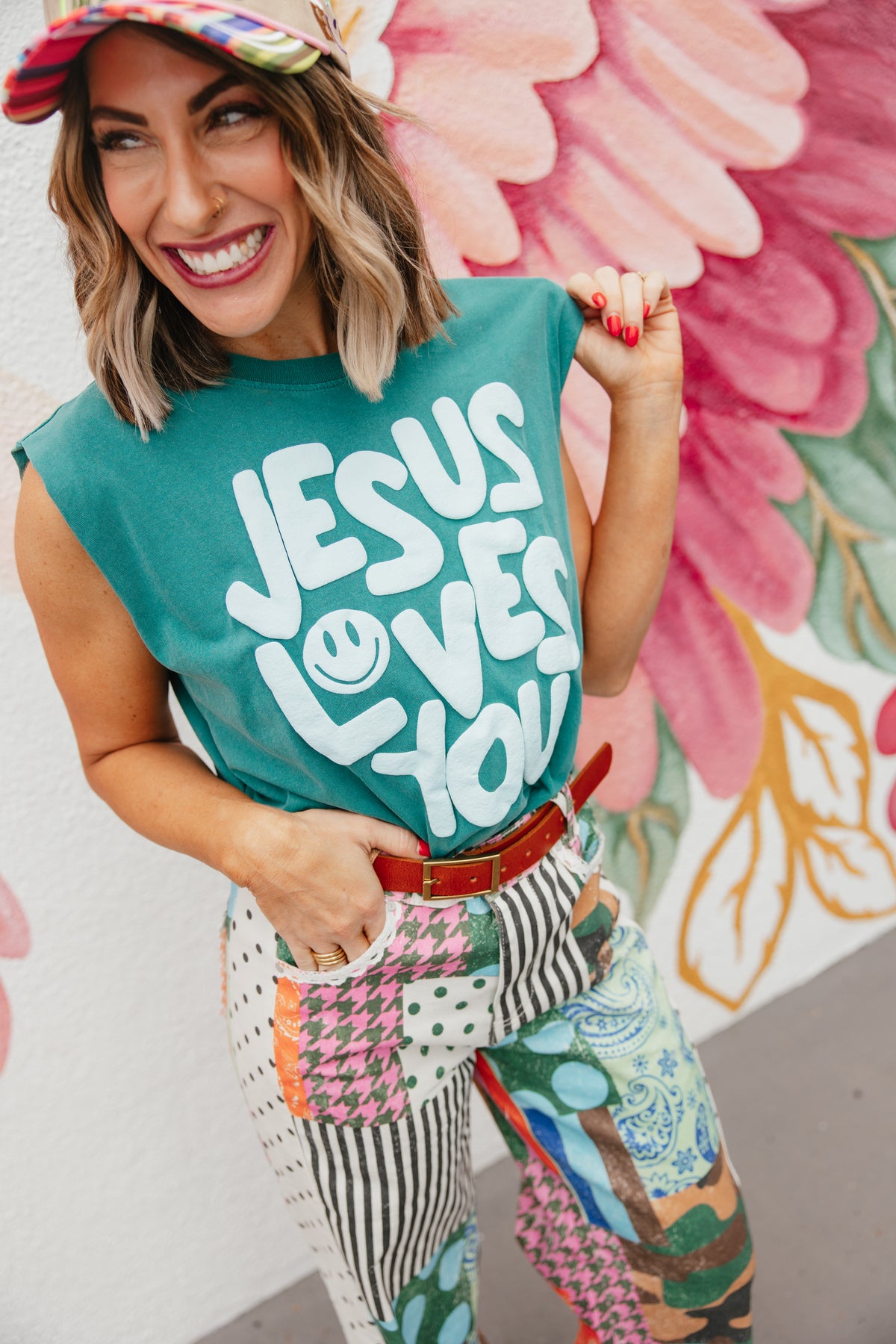 Smiley Jesus Loves You Puff Tank In Teal