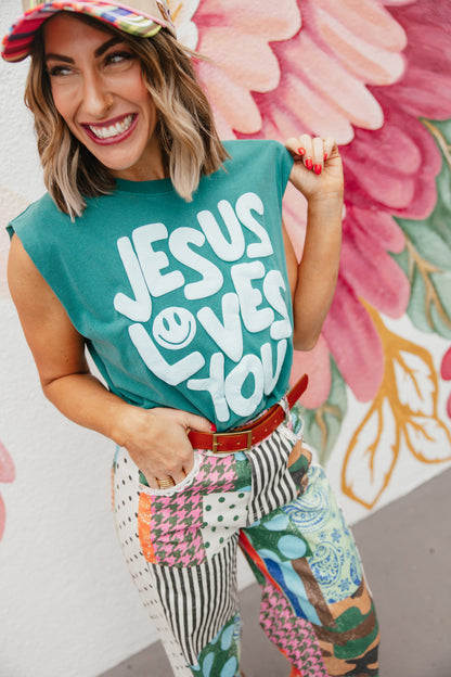 Smiley Jesus Loves You Puff Tank In Teal