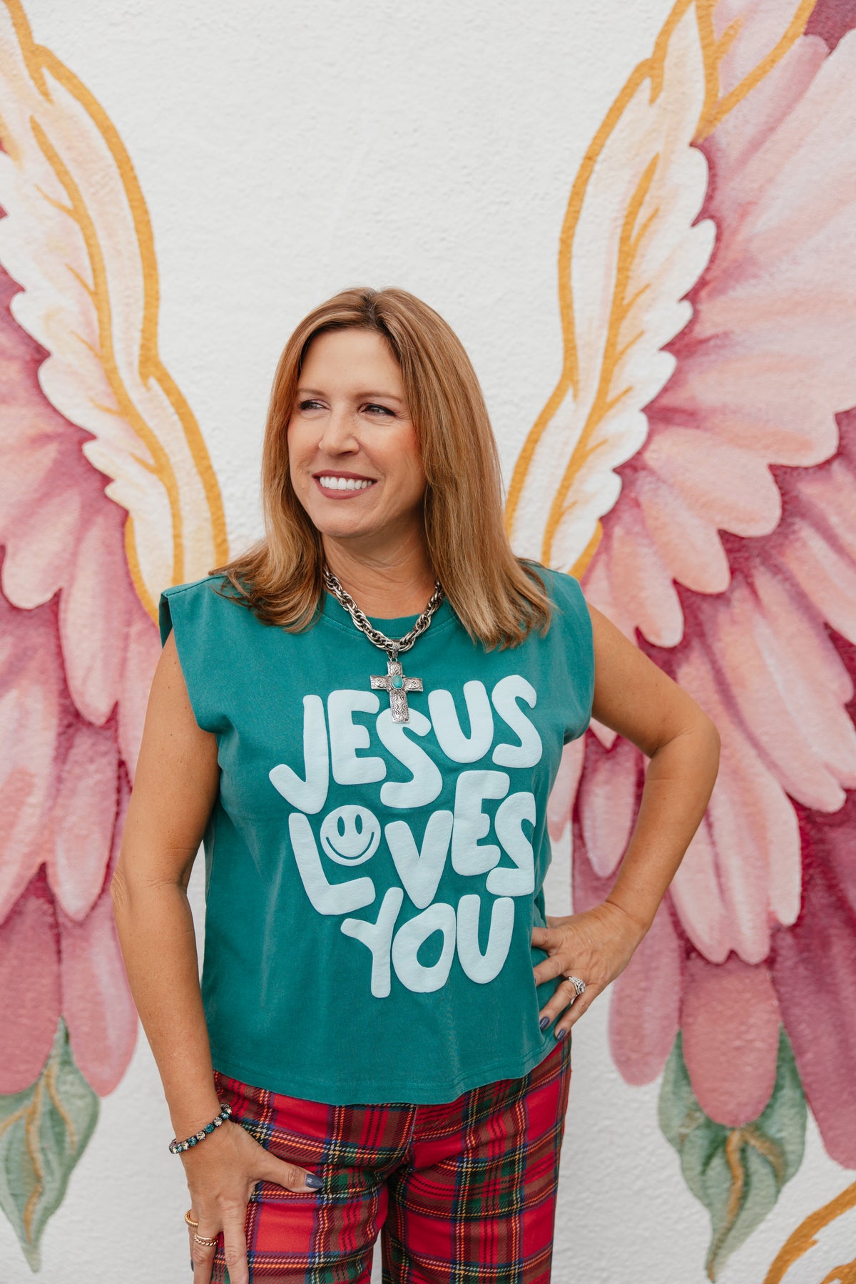 Smiley Jesus Loves You Puff Tank In Teal