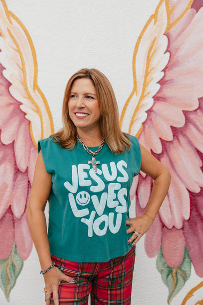 Smiley Jesus Loves You Puff Tank In Teal