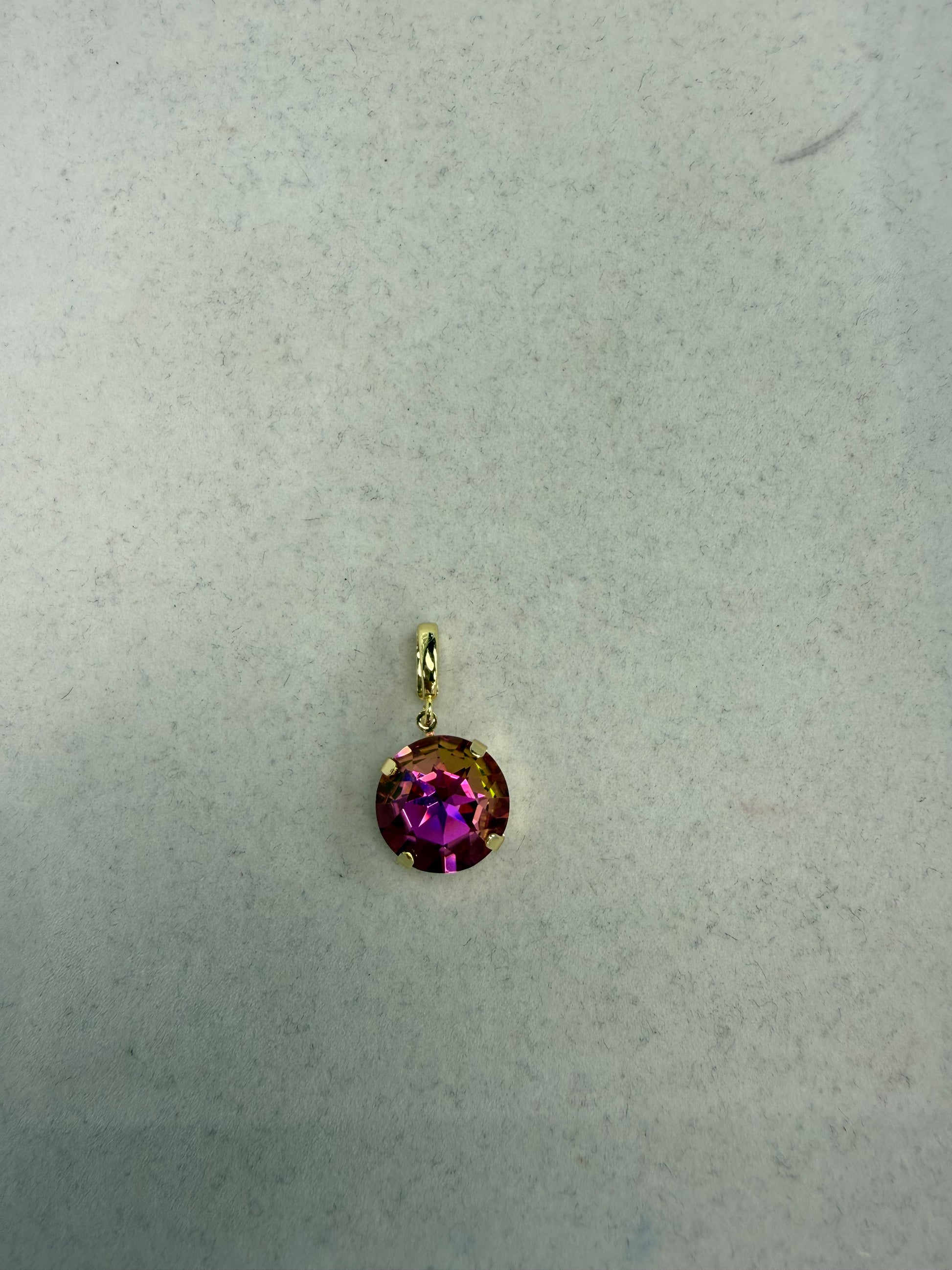 Round 12mm candy pink iridescent crystal pendant charm in gold prong setting by AF Designs