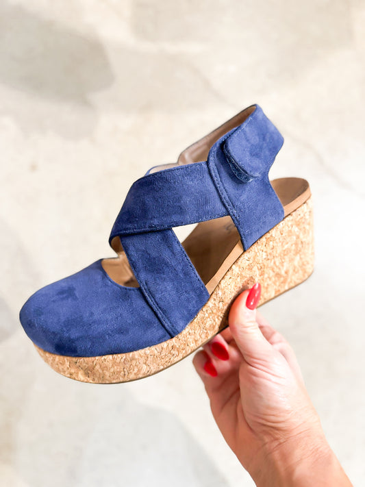 Presale: Corky's Navy Faux Suede Case Closed Shoes