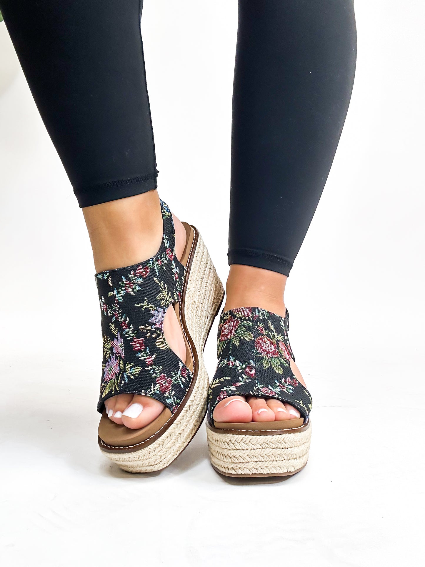 Corky's Black Brocade Floral Freddie Wedges