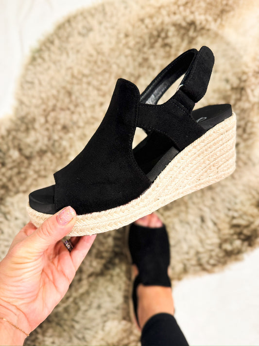 Presale: Corky's Black Faux Suede Pose Wedges