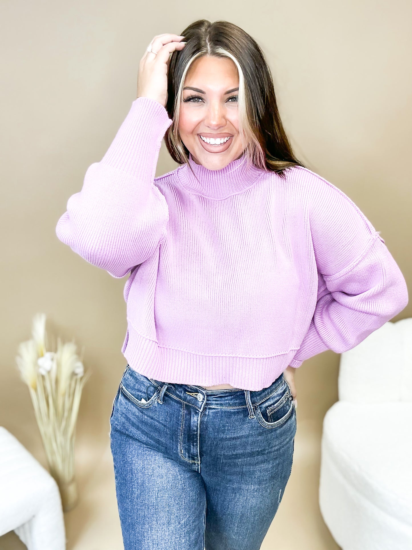 Mags Side Slit Cropped Sweater in Mauve