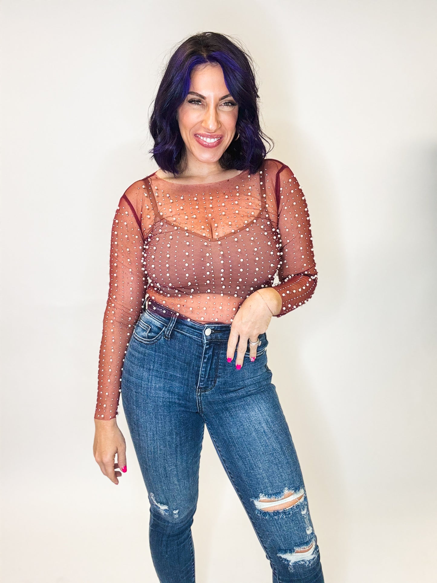 Pearl Beaded Mesh Top - Reg/Curvy