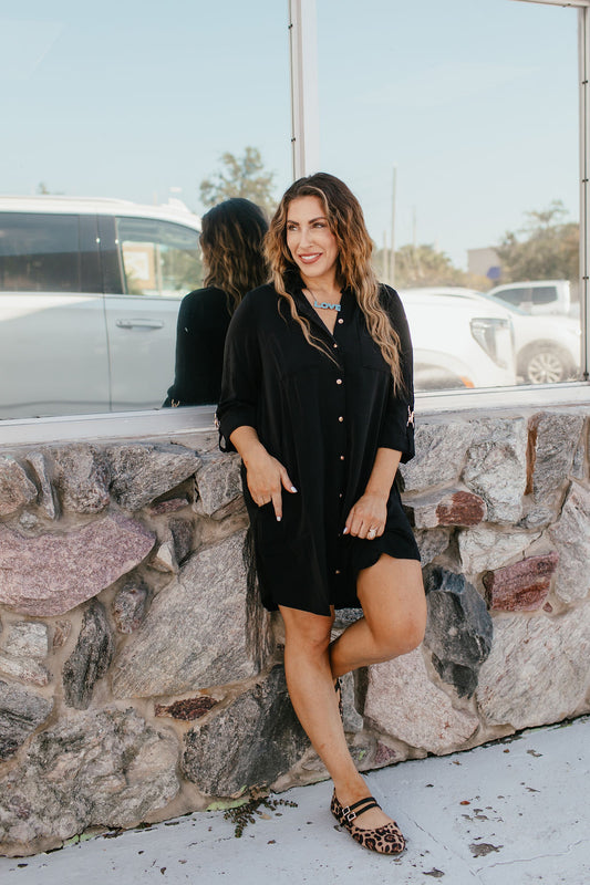 Wild & Chic Button-Up Dress In Black - Reg & Curvy