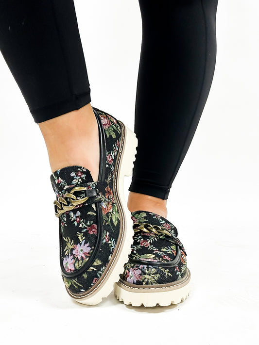 Chaussures en brocart noir à motif floral de Corky 