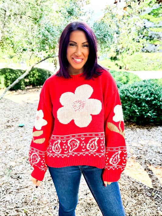 Presale:  Petals and Pearls Sweater in Red