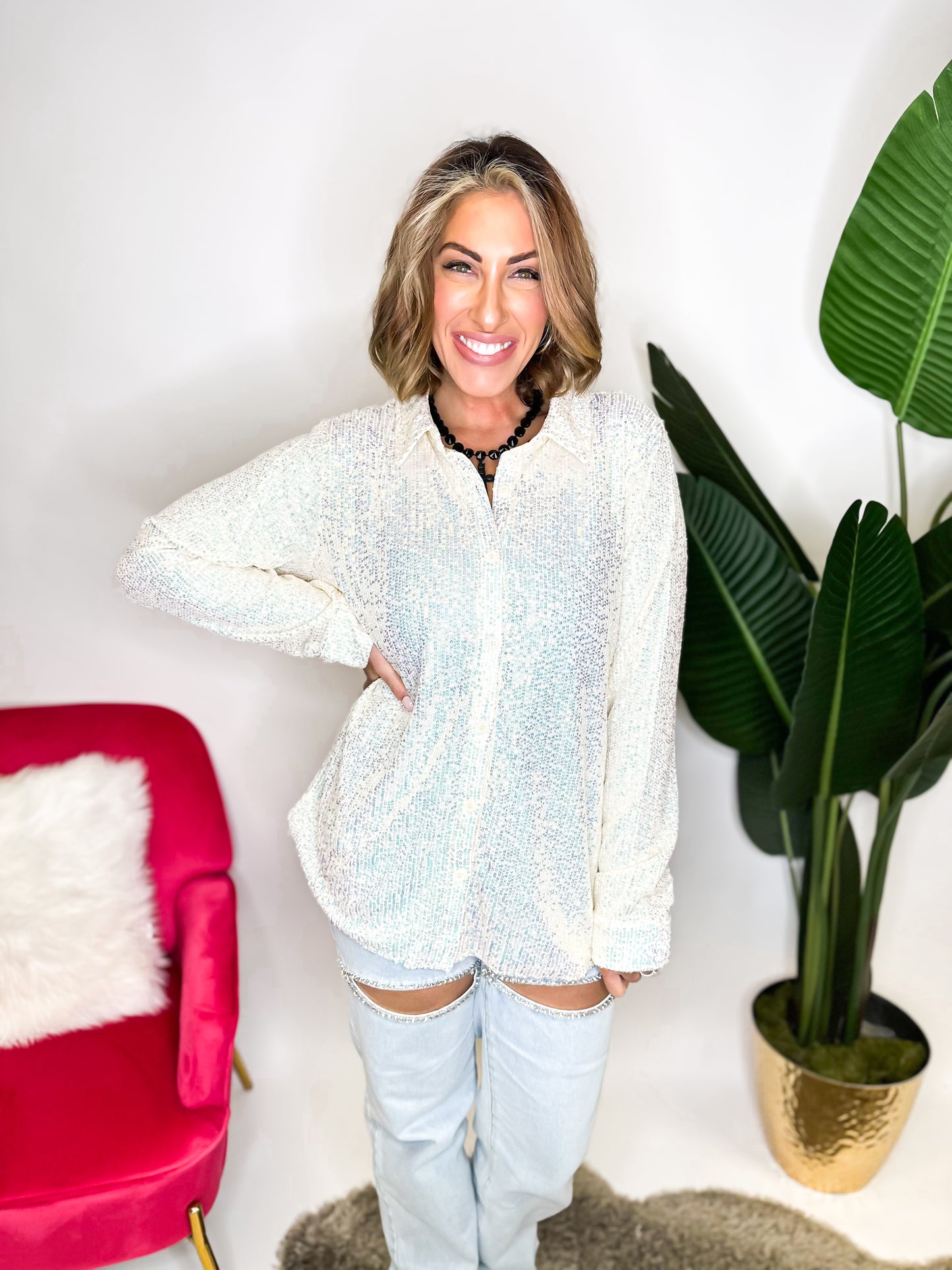 Classic Kathryn Button Up Top in White Sequin