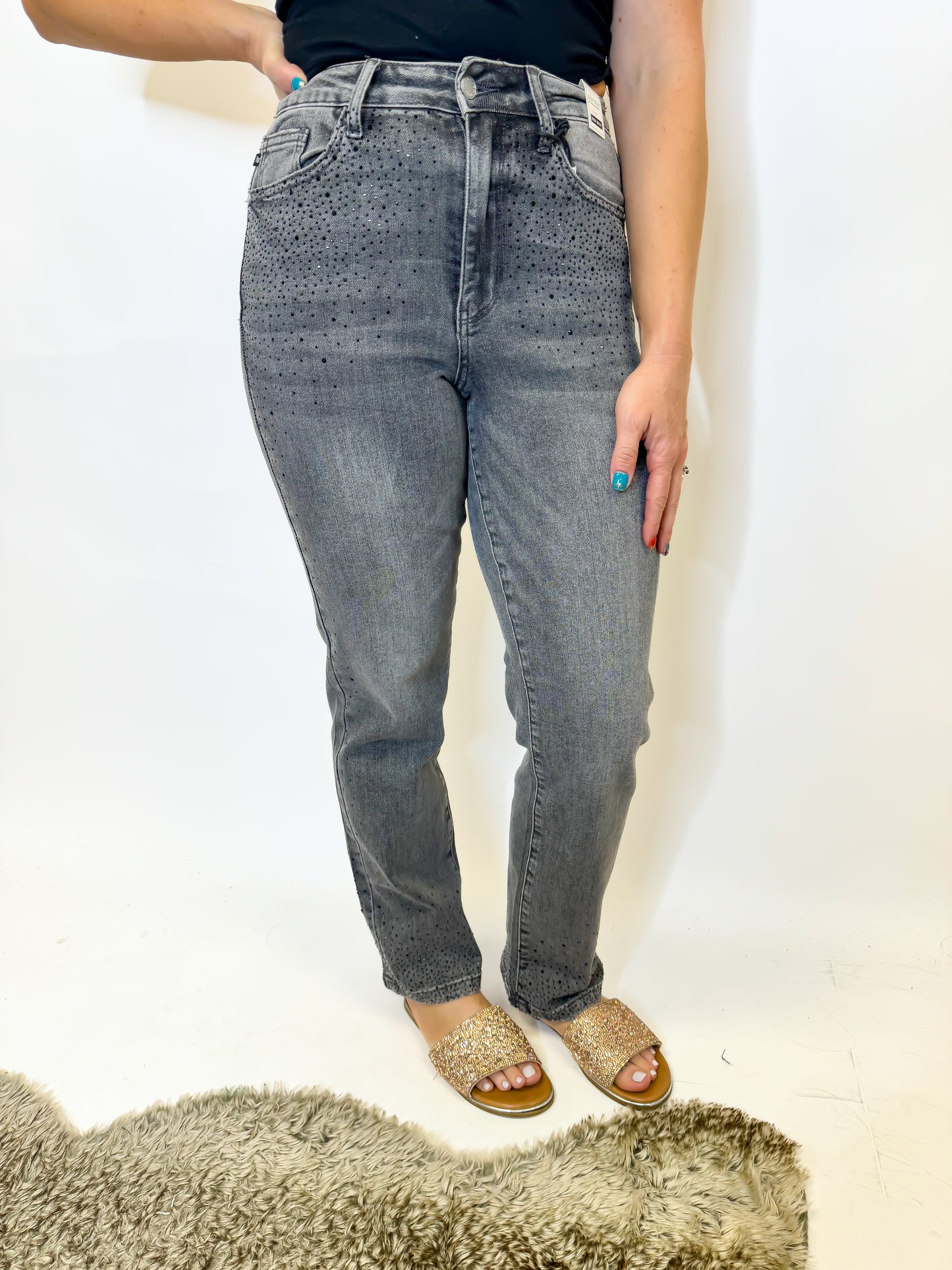 Judy Blue Sparkle Stone Grey Straight Leg Jeans Reg/Curvy