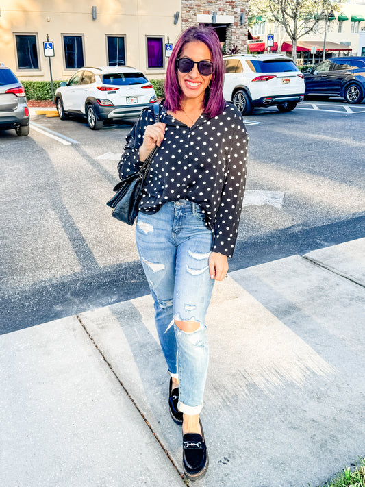 Classic Kathryn Button Up Top in Black Polka Dot - Reg/Curvy