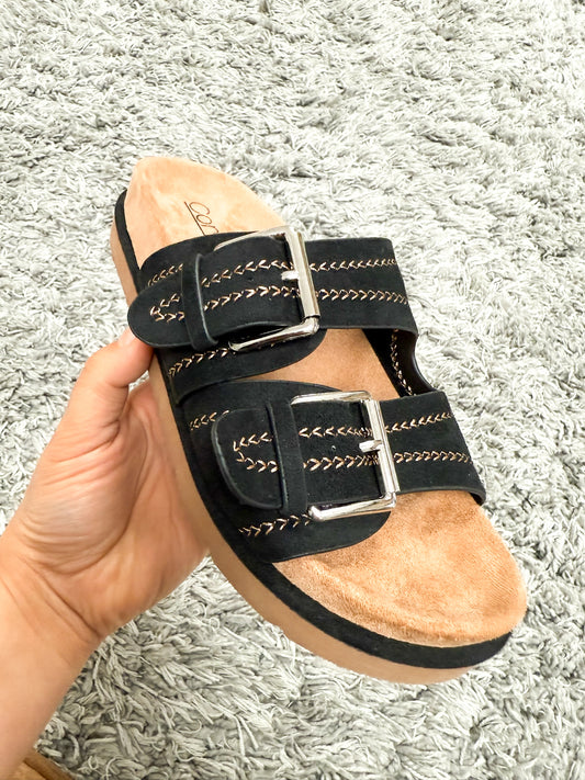 Corkys Smitten Double Buckle Sandals in TOBACCO FAUX SUEDE