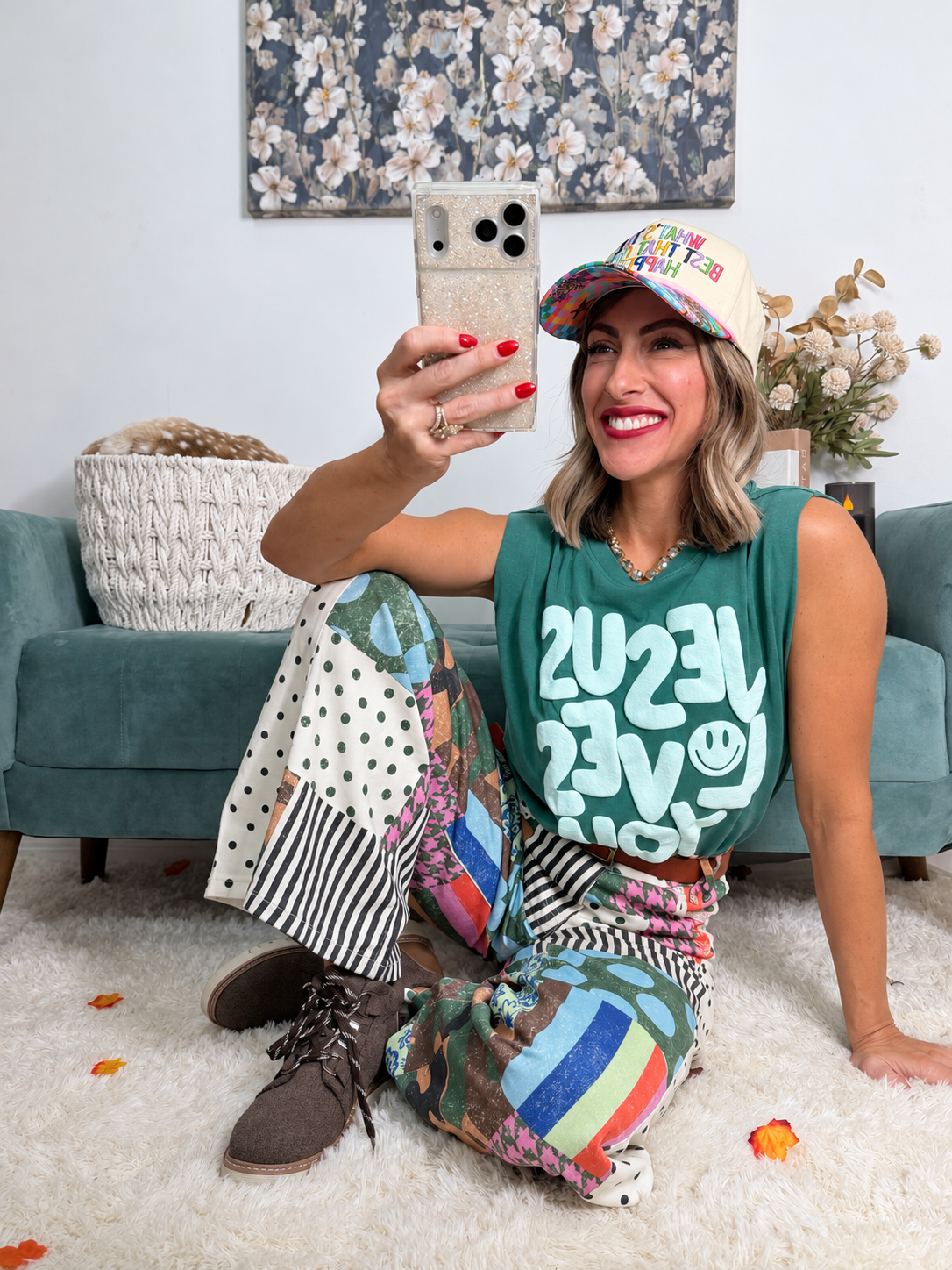 Smiley Jesus Loves You Puff Tank In Teal
