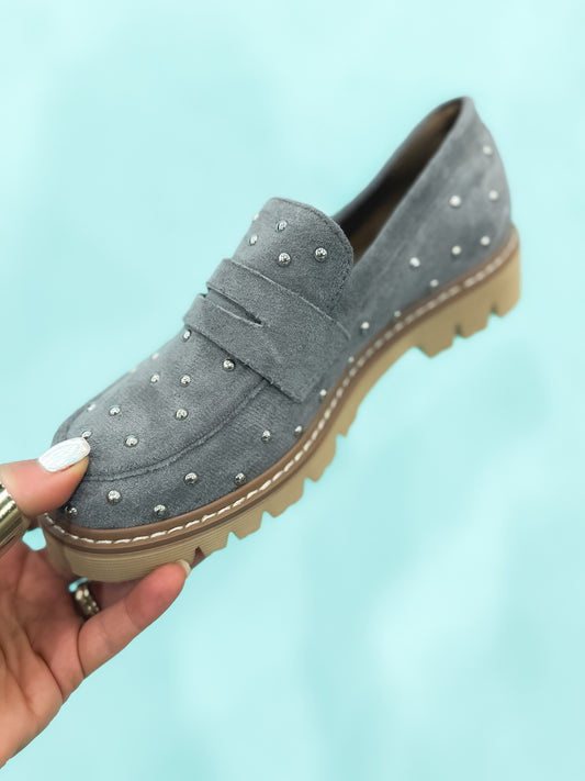 Presale: Corky's Light Grey Faux Suede Stud Muffin Shoes