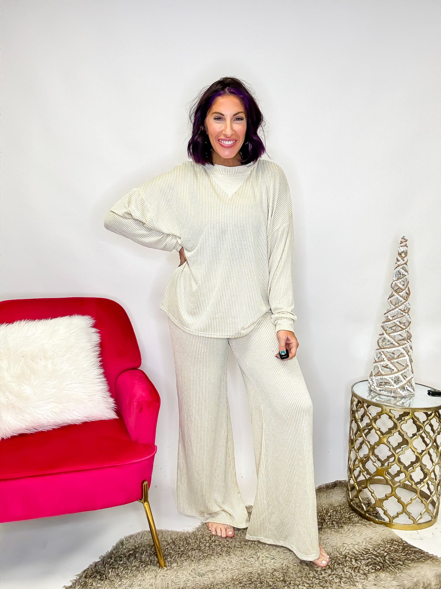 Presale: Black Friday Deal: Bundled Up Lounge Set in Taupe Striped - Reg/Curvy