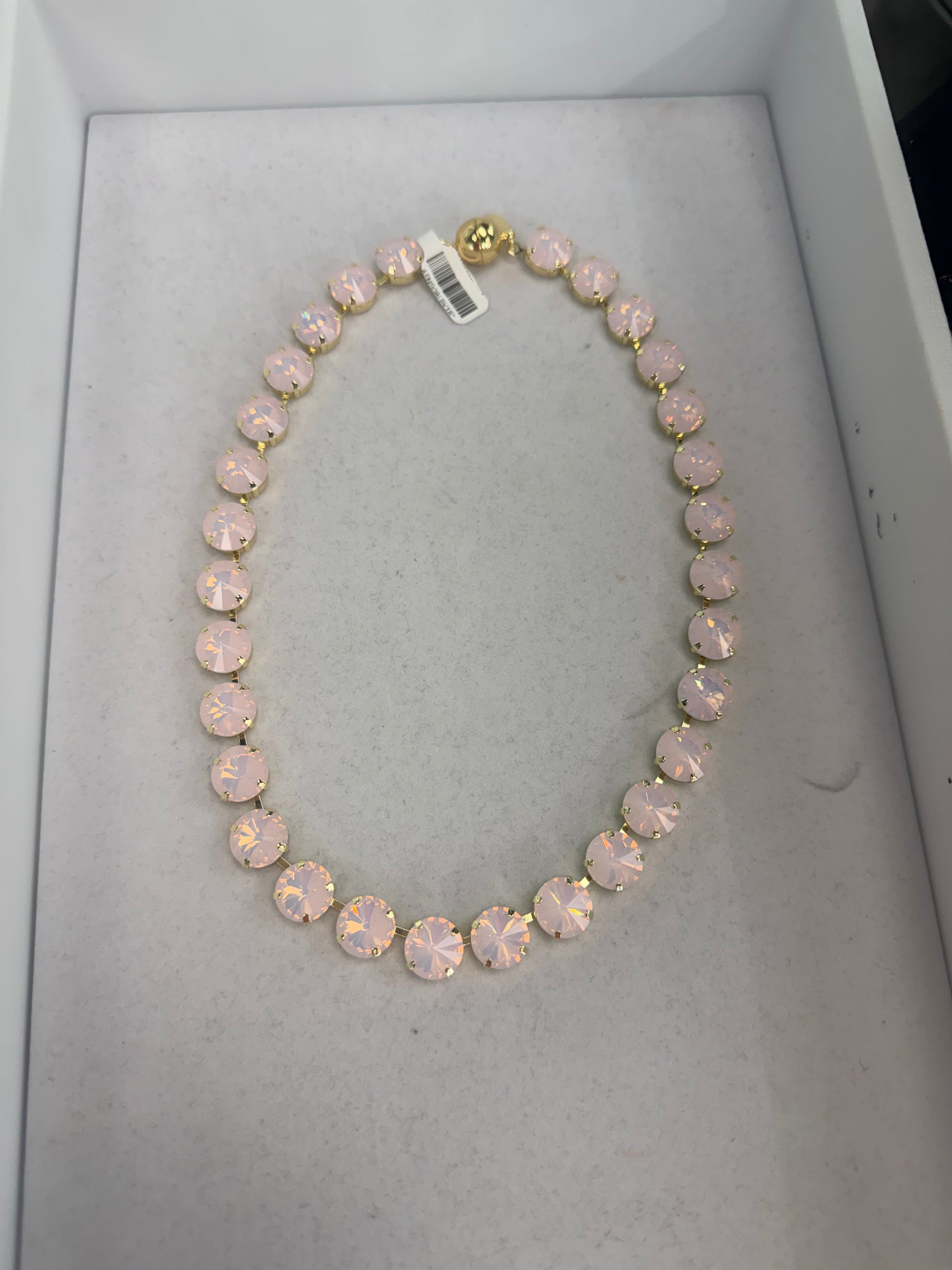 AF Designs 12mm rose pink opal crystal riviere statement necklace with gold prong settings and ball clasp