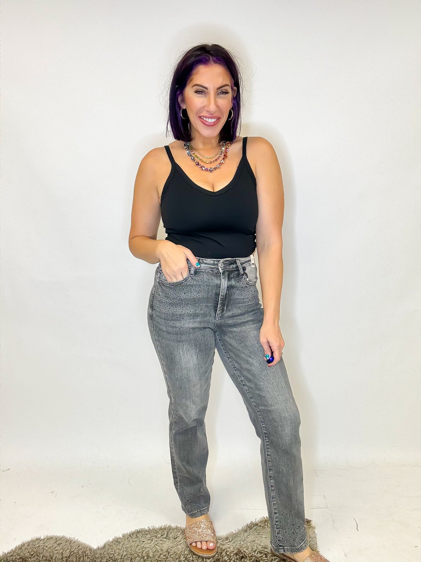 Judy Blue Sparkle Stone Grey Straight Leg Jeans Reg/Curvy