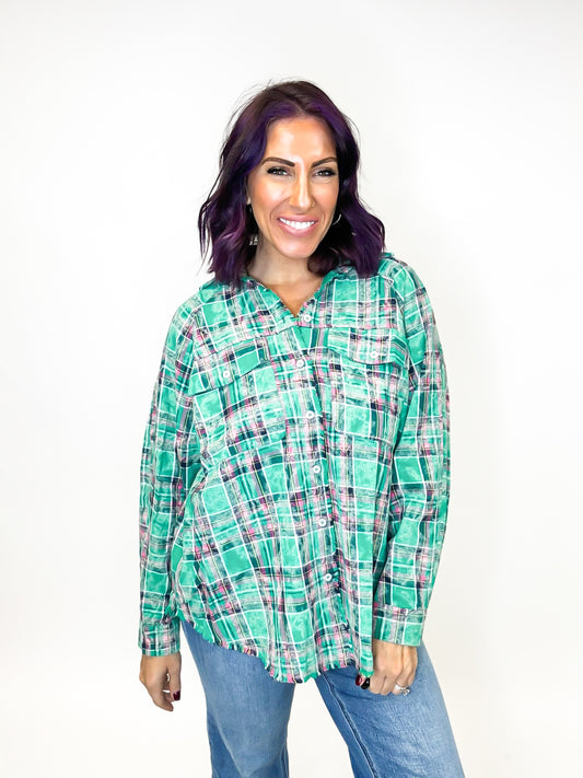 Kelly Green Charm Plaid Button Down - Reg/Curvy