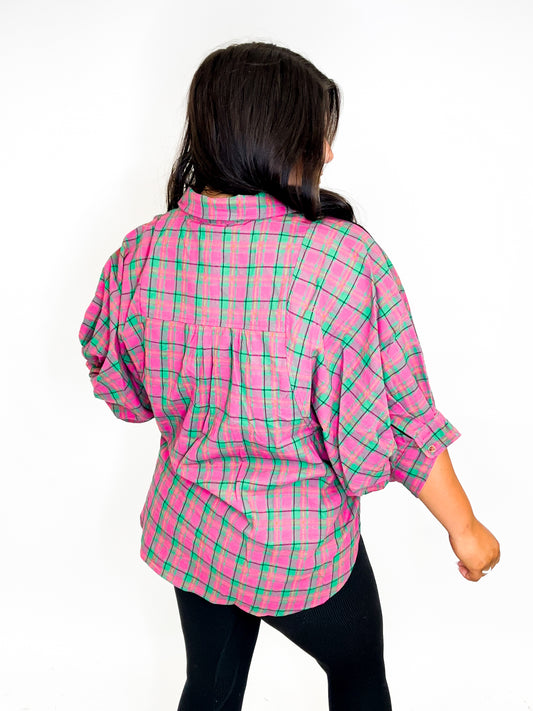 Bold Berry Plaid Button Down Top - Reg/Curvy