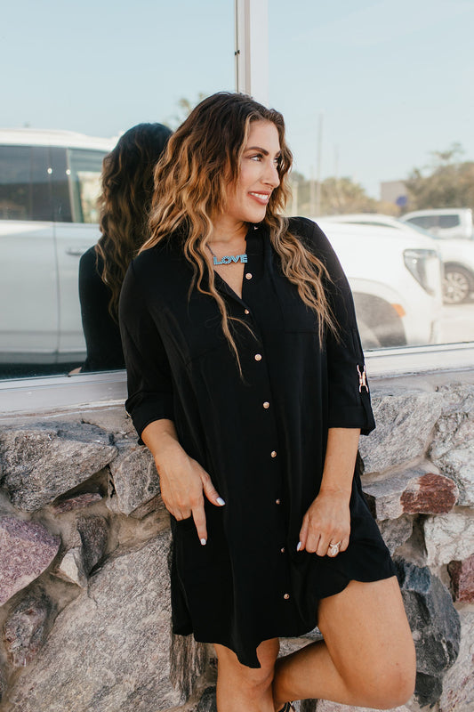 Wild & Chic Button-Up Dress In Black - Reg & Curvy