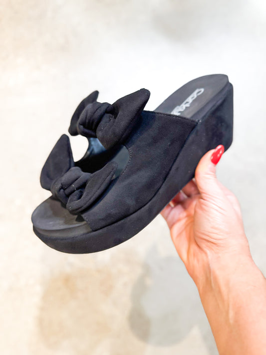 Presale: Corky's Black Faux Suede Bowed Up Sandal