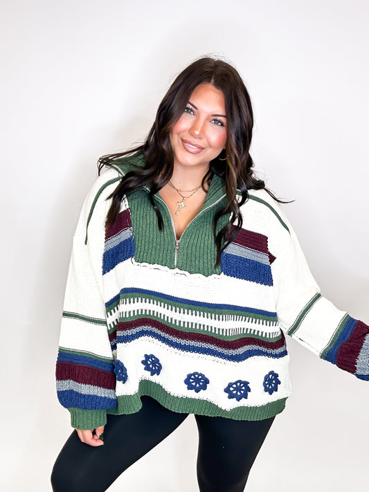 Zip Line Color Block Sweater in Cream