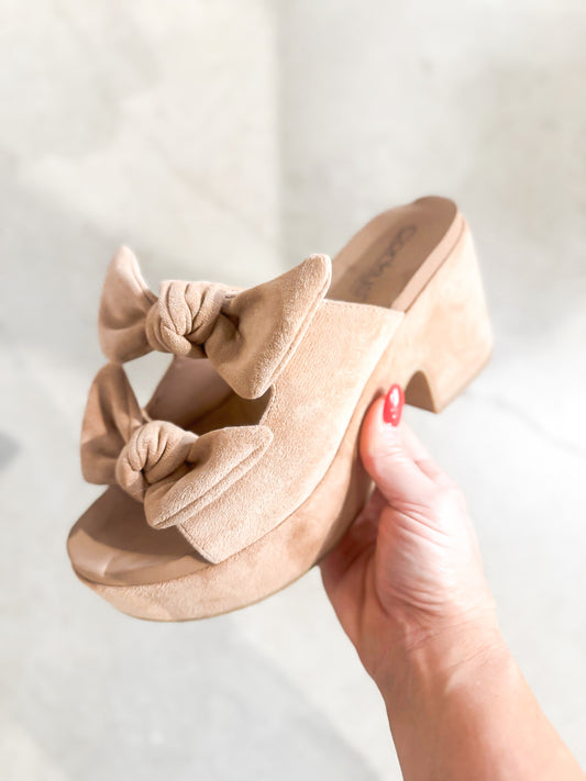 Presale: Corky's Camel Faux Suede Put A Bow On It Sandals