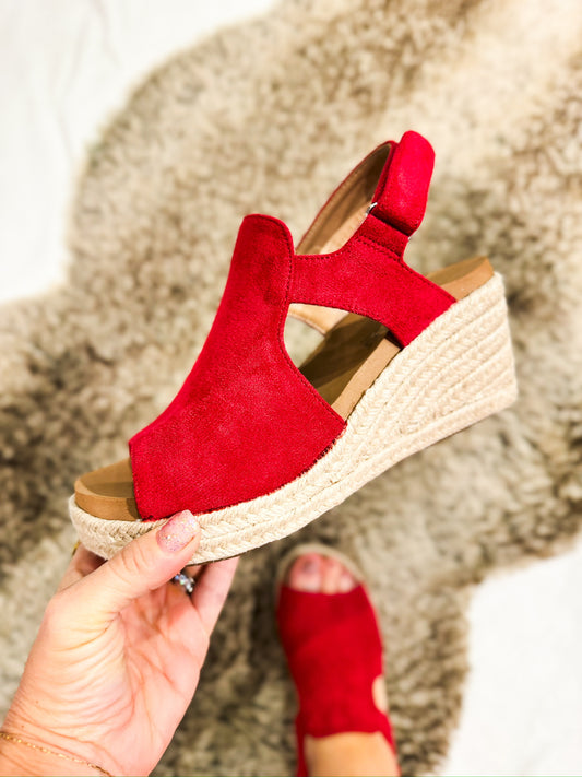 Presale: Corky's Red Faux Suede Pose Wedges