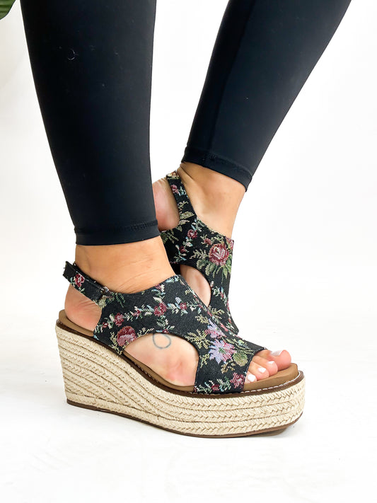 Corky's Black Brocade Floral Freddie Wedges