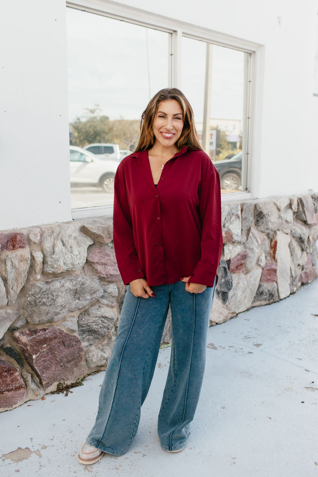 Classic Kathryn Button Up Top in Maroon - Reg & Curvy