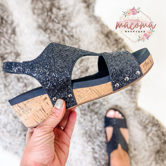 Corky's Black Glitter Marisa Sandal's -2 inch heel