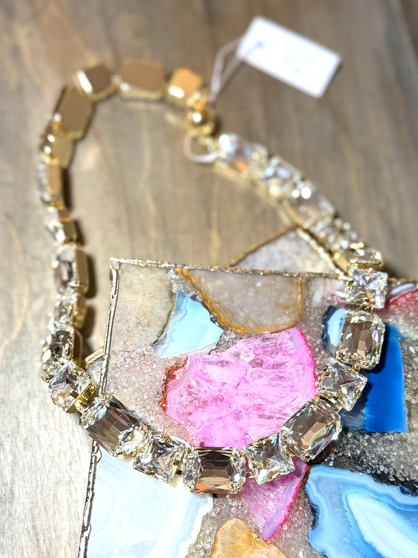 AF Designs bib necklace with mixed-cut clear and champagne crystals in gold settings for elegant occasions