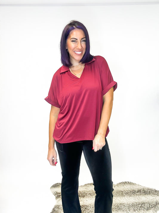 Classic Collar Top in Wine FINAL SALE