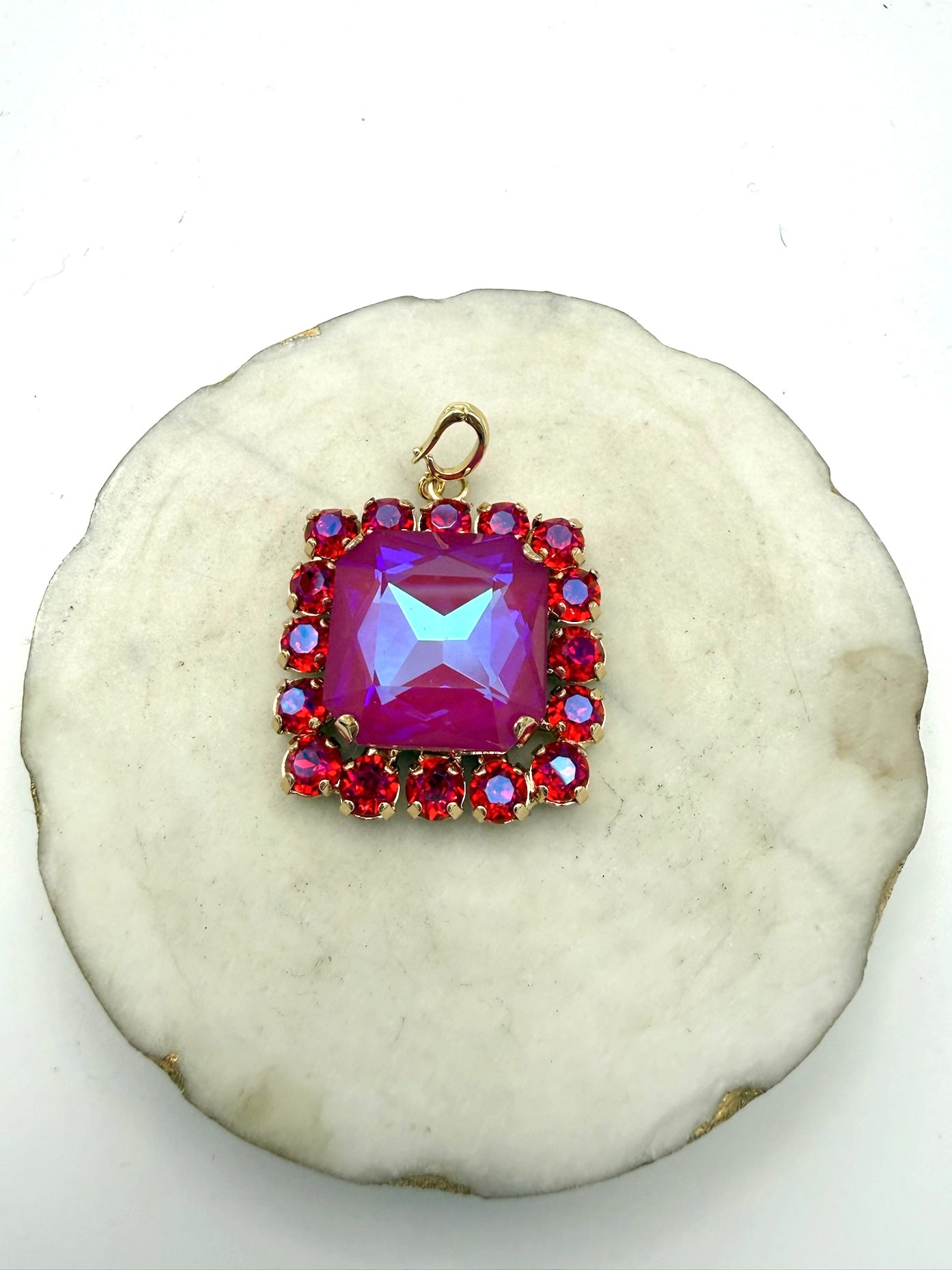 Fuchsia iridescent square crystal pendant charm with red AB crystal halo border and gold-tone setting