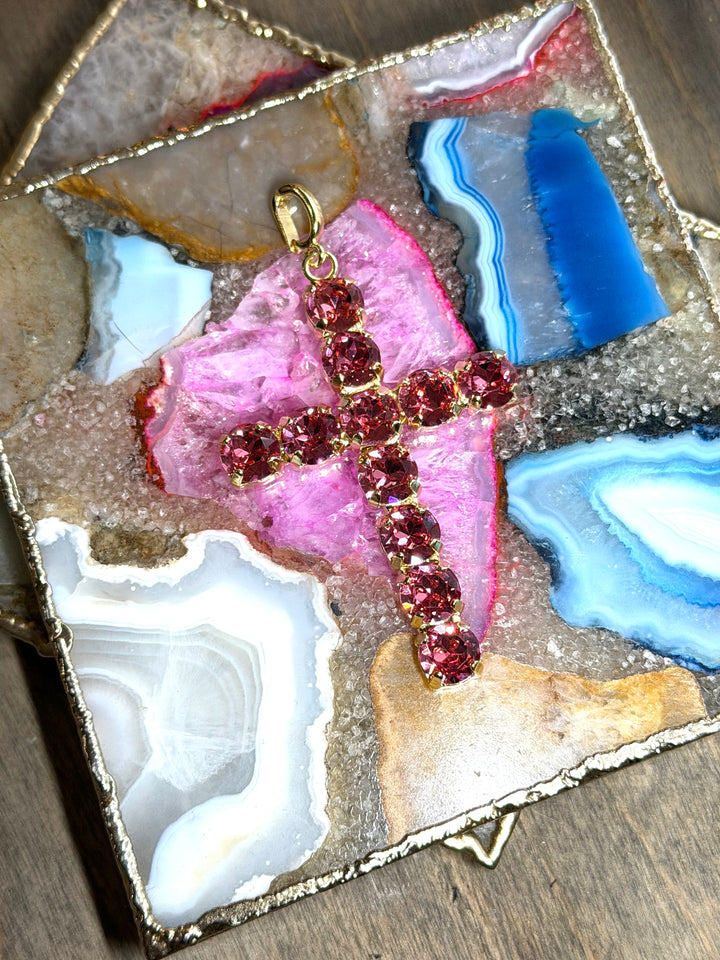 Large gold cross charm pendant with hot pink faceted rhinestone crystals by AF Designs