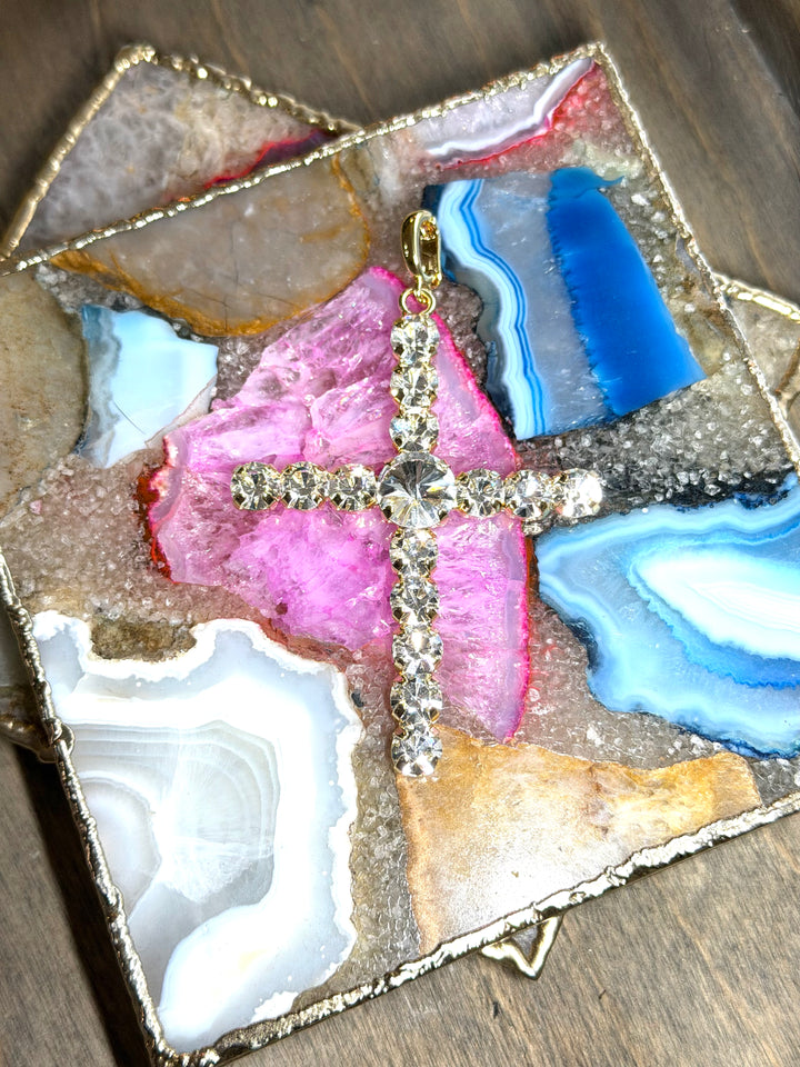 AF Designs Heaven Sent rhinestone cross charm pendant with clear crystals in gold setting, sparkling statement jewelry